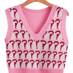 American Vintage Pink and White V-Neck Sweater Vest
